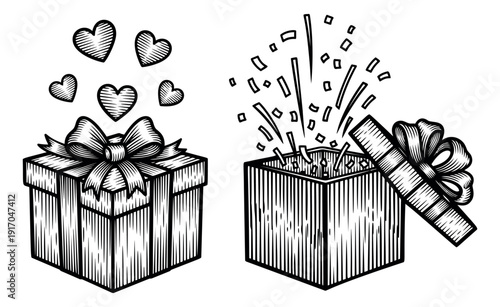 Hand drawn line art gift box set featuring a closed box with floating hearts and an open box with bursting confetti for celebration and surprise