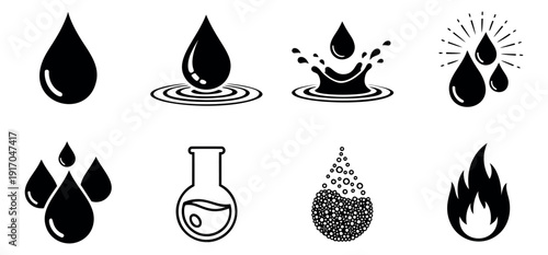 Modern black and white science and liquid icons set featuring water drops, ripples, splashes, bubbles, fire, and a test tube for ecological, chemical, and fluid representations