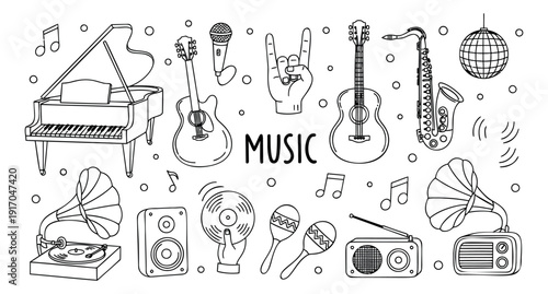 Hand drawn line art music elements set featuring musical instruments and sound equipment for entertainment designs