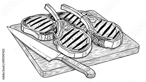 Hand drawn line art food set featuring grilled chops, a chef knife, and a cutting board for cooking and barbecue