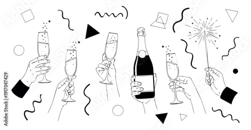 Hand drawn party elements set featuring hands holding champagne glasses, a bottle, and a sparkler for celebration design
