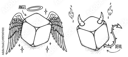 Hand drawn line art angel and devil cube set featuring celestial and demonic elements for depicting good versus evil