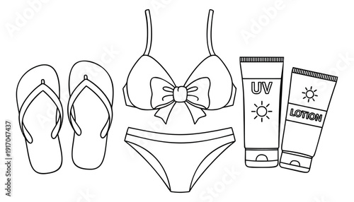 Line art beach accessories set featuring a bikini, flip flops, and sunscreen tubes for summer holidays