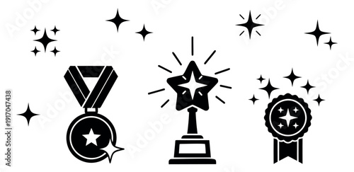 Simple glyph award icons set featuring trophies, medals, and ribbons with stars for achievement and success