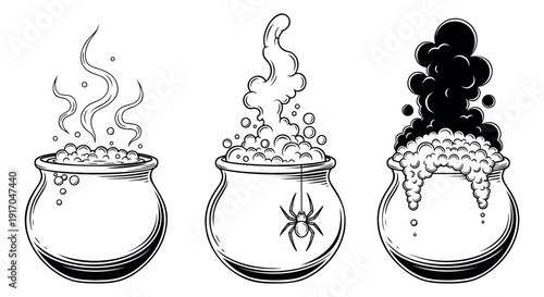 Hand drawn line art Halloween cauldrons set featuring bubbling potions, smoke, and a spider for spooky celebrations