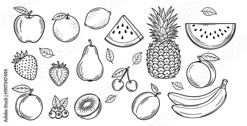 Hand drawn line art fruit and berry set featuring various fresh produce for healthy eating and menu design