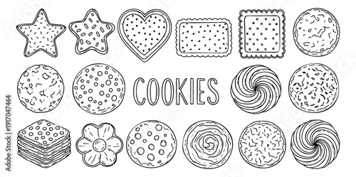 Hand drawn line art cookies set featuring various biscuit shapes and the word cookies for sweet treat designs