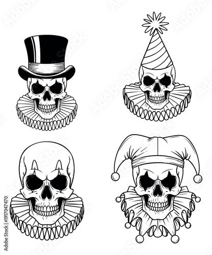Hand drawn skull set featuring various hats and clown makeup with ruff collars for Halloween