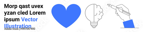 Relationships, creativity, innovation, graphic design, artistic expression, education. Blue heart, lightbulb and hand with pen design. Creativity and education conceptual