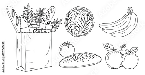 Hand drawn line art groceries set featuring a paper shopping bag, fresh fruits, vegetables, and bread for healthy eating and cooking