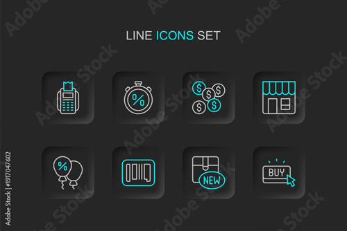 Set line Buy button, New collection, Barcode, Discount percent tag, Market store, Dollar symbol, Stopwatch discount and POS terminal icon. Vector