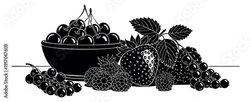 Line art fruit set featuring a bowl of cherries, raspberries, a strawberry, and currants for healthy eating concepts