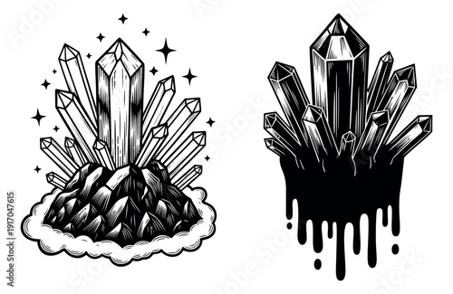 Hand drawn line art crystal illustrations set featuring radiant gem clusters and melting occult stones for mystic and magical artwork
