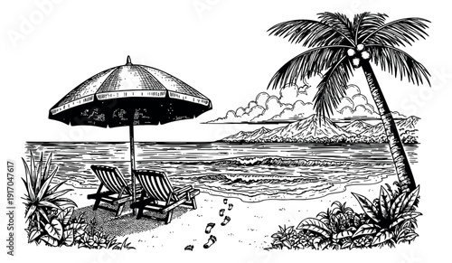 Hand drawn line art illustration of a tropical beach scene depicting a relaxing summer holiday for travel and tourism