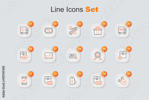 Set line Telephone 24 hours support, Item price tag with dollar, Price, Mobile shopping, Carton cardboard box, Stars rating and Buy button icon. Vector