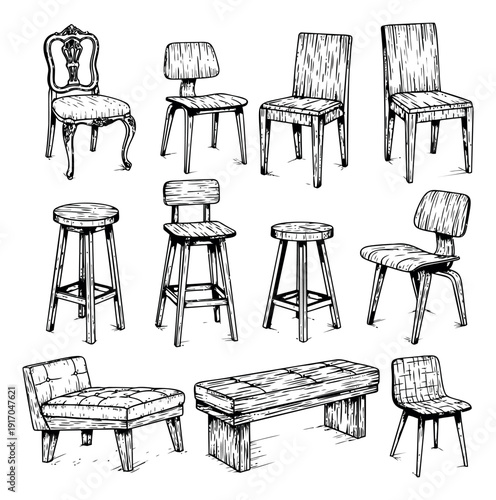 Hand drawn line art furniture set featuring various seating options for interior design and home decor