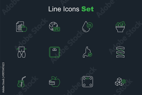 Set line No sugar free, Bathroom scales, Apple and measuring tape, Fresh smoothie, Sports nutrition proteine, Human stomach health, and Women waist icon. Vector