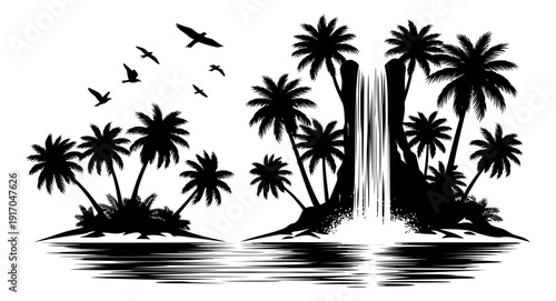Silhouette illustration of a tropical island landscape depicting palm trees, a waterfall, and flying birds for travel and nature designs