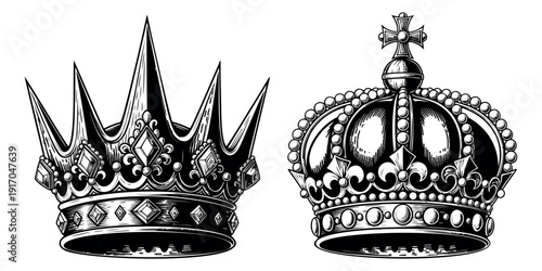 Vintage hand drawn line art crowns set featuring ornate royal crowns for royal and luxury design