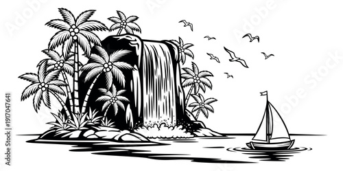 Line art illustration of a tropical seascape depicting a waterfall and sailboat for summer holidays