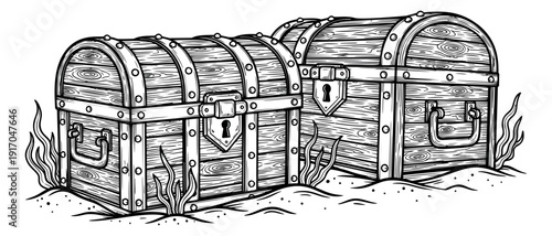 Hand drawn line art treasure chest set featuring two ornate wooden chests on a sandy seabed for fantasy adventure themes