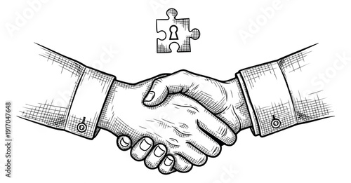Hand drawn line art illustration of a handshake and a puzzle piece depicting business partnership and problem solving for concepts of agreement and security