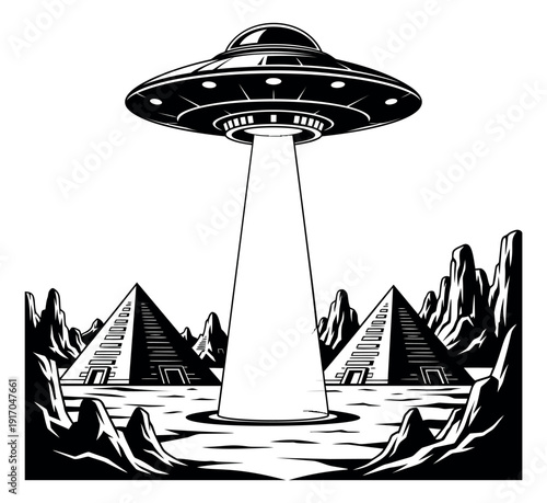 Line art illustration of a flying saucer depicting a light beam over ancient pyramids for a science fiction concept