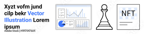 Analytics dashboard with charts, chess pawn symbol for strategy, and NFT certificate representation. Ideal for technology, finance, gaming, strategy, data science, blockchain simple landing page
