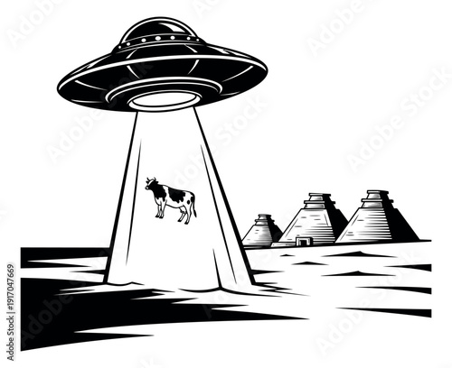 Retro style graphic illustration of a flying saucer depicting a cow abduction over ancient pyramids for science fiction or mystery themes