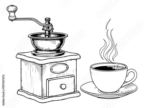 Hand drawn line art coffee set featuring a vintage grinder and a steaming cup for morning beverages