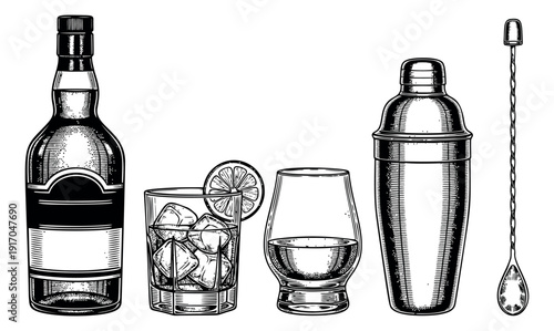 Hand drawn line art cocktail essentials set featuring a liquor bottle, two glasses, a shaker, and a bar spoon for drink preparation