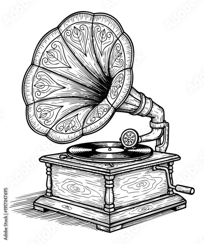 Hand drawn line art illustration of a gramophone depicting a classic musical instrument for vintage music and sound concepts