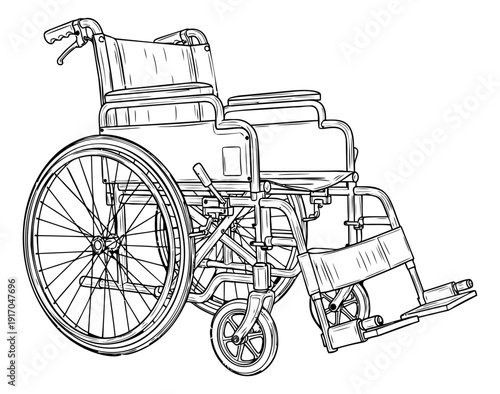 Hand drawn line art illustration of a wheelchair depicting a medical mobility aid for healthcare and accessibility concepts
