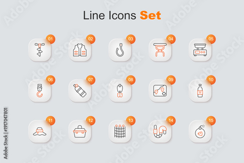 Set line Bomb, Worm, Fishing net pattern, Case box for fishing equipment, Fisherman hat, Bottle of vodka, Location and lure icon. Vector