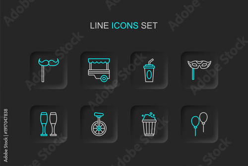 Set line Balloons with ribbon, Popcorn in cardboard box, Unicycle, Bowling pin, Festive mask, Paper glass water, Fast street food cart and mustache stick icon. Vector