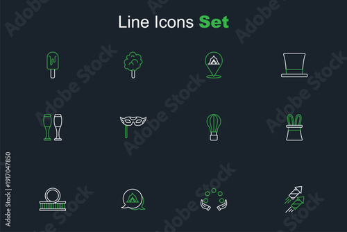 Set line Firework rocket, Juggling ball, Circus tent, Roller coaster, Magician hat and rabbit ears, Hot air balloon, Festive mask and Bowling pin icon. Vector