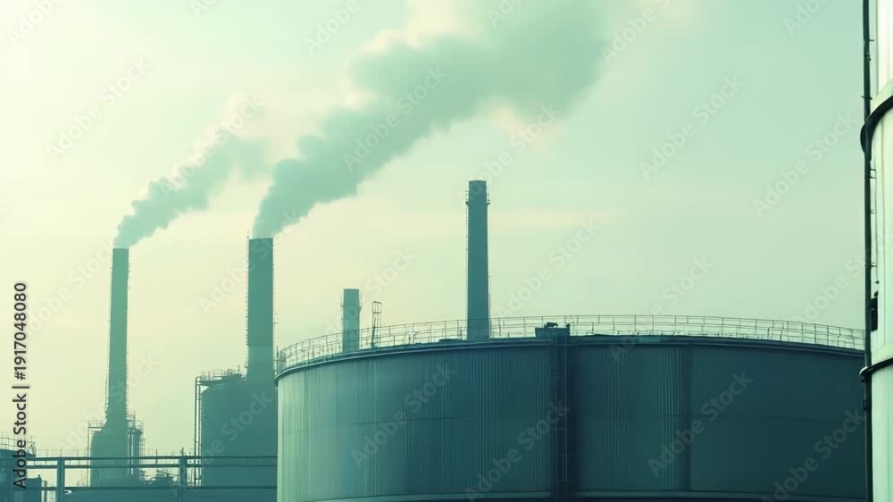 Industrial facility releasing smoke and vapor from multiple tall ...