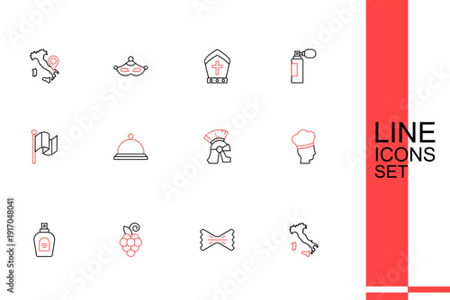 Set line Map of Italy, Macaroni, Grape fruit, Perfume, Italian cook, Roman army helmet, Covered with tray food and Flag icon. Vector