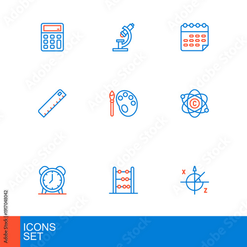 Set line Trigonometric circle, Abacus, Alarm clock, Atom, Ruler, Paint brush with palette, School timetable and Microscope icon. Vector
