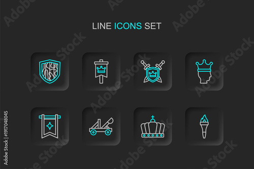 Set line Torch flame, King crown, Medieval catapult, flag, Shield with swords, and icon. Vector