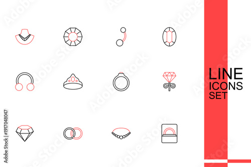 Set line Diamond engagement ring in box, Pearl necklace, Wedding rings, Stud earrings, King crown and Piercing icon. Vector