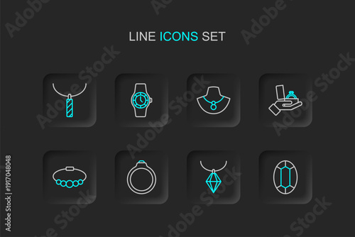 Set line Gem stone, Pendant necklace, Diamond engagement ring, Bracelet jewelry, box, Necklace mannequin, Wrist watch and icon. Vector