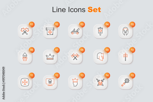 Set line Mace with spikes, Skull sword, King crown, Medieval helmet, Crusade, axe, and Crossed medieval axes icon. Vector