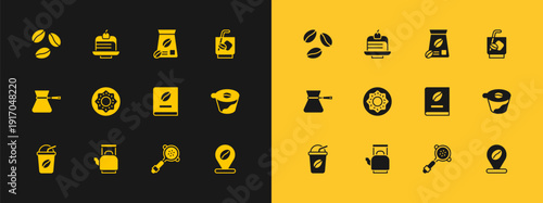 Set Espresso tonic coffee, Kettle with handle, Coffee book, filter holder, Donut, Bag beans, and Piece cake icon. Vector