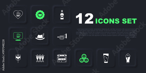 Set Glass of beer, Oktoberfest hat, Wooden barrel, mug, Dried fish, Bottle opener and Street signboard with Beer icon. Vector