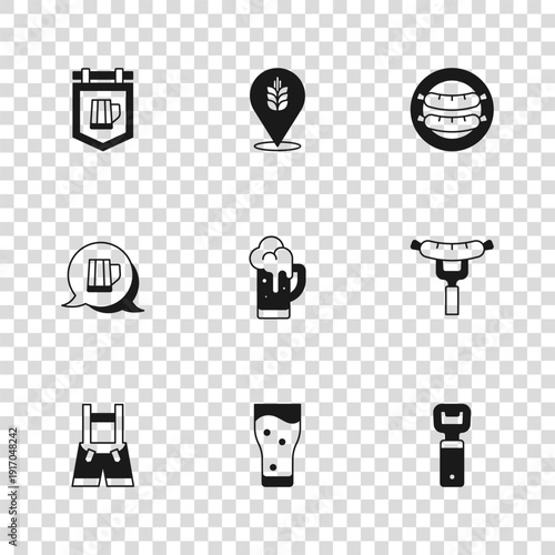 Set Glass of beer, Sausage on the fork, Bottle opener, Street signboard with, Wheat and Wooden mug icon. Vector