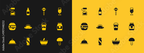 Set Wine glass, Candy, Coffee cup to go, Mortar pestle, Taco with tortilla, Lollipop, Tea bag and Bottle wine icon. Vector