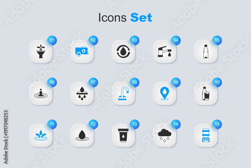 Set Cloud with rain, Water filter cartridge, Mobile water tank, drop, cooler, Bottle of glass, Fountain and tap icon. Vector