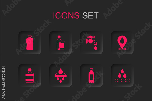 Set Water filter cartridge, Bottle of water with glass, drop location, tap and Big bottle clean icon. Vector