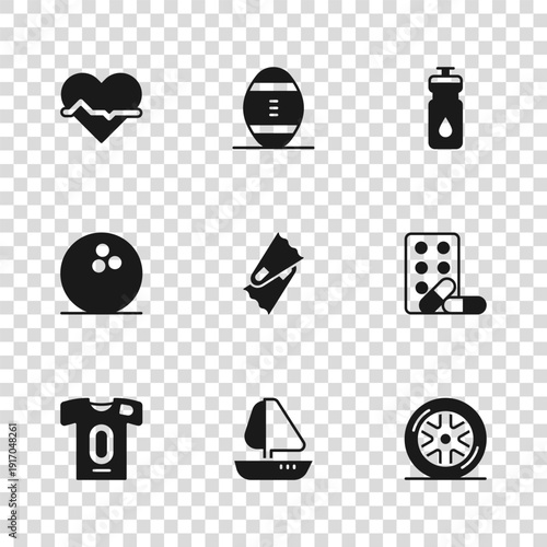 Set Yacht sailboat, Sports doping with dumbbell, Car wheel, Flippers for swimming, Fitness shaker, Heart rate, American Football ball and Bowling icon. Vector